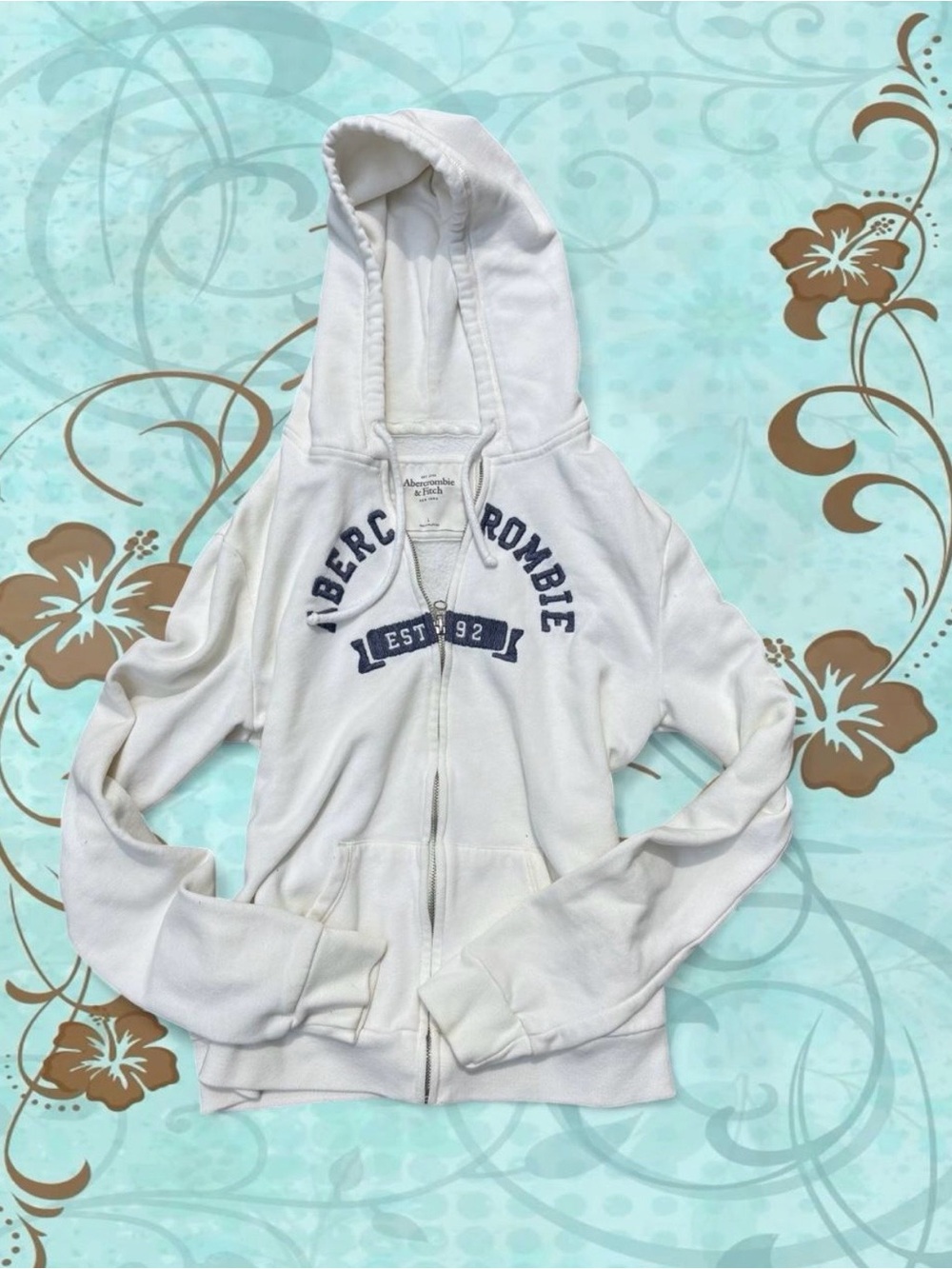 Abercrombie & Fitch White Zip-Up Hooded Sweatshirt with Navy Logo